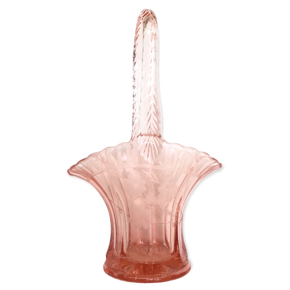 DEPRESSION GLASS WESTMORELAND Pink Floral Handled Crimped Basket